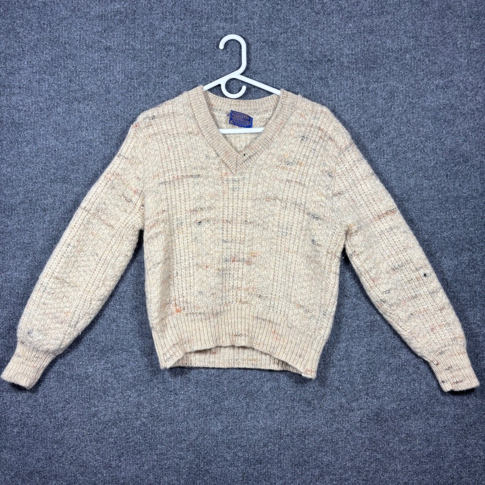Pendleton Sweater Women M Cream V-Neck Vintage 100% Virgin Wool Ribbed Confetti